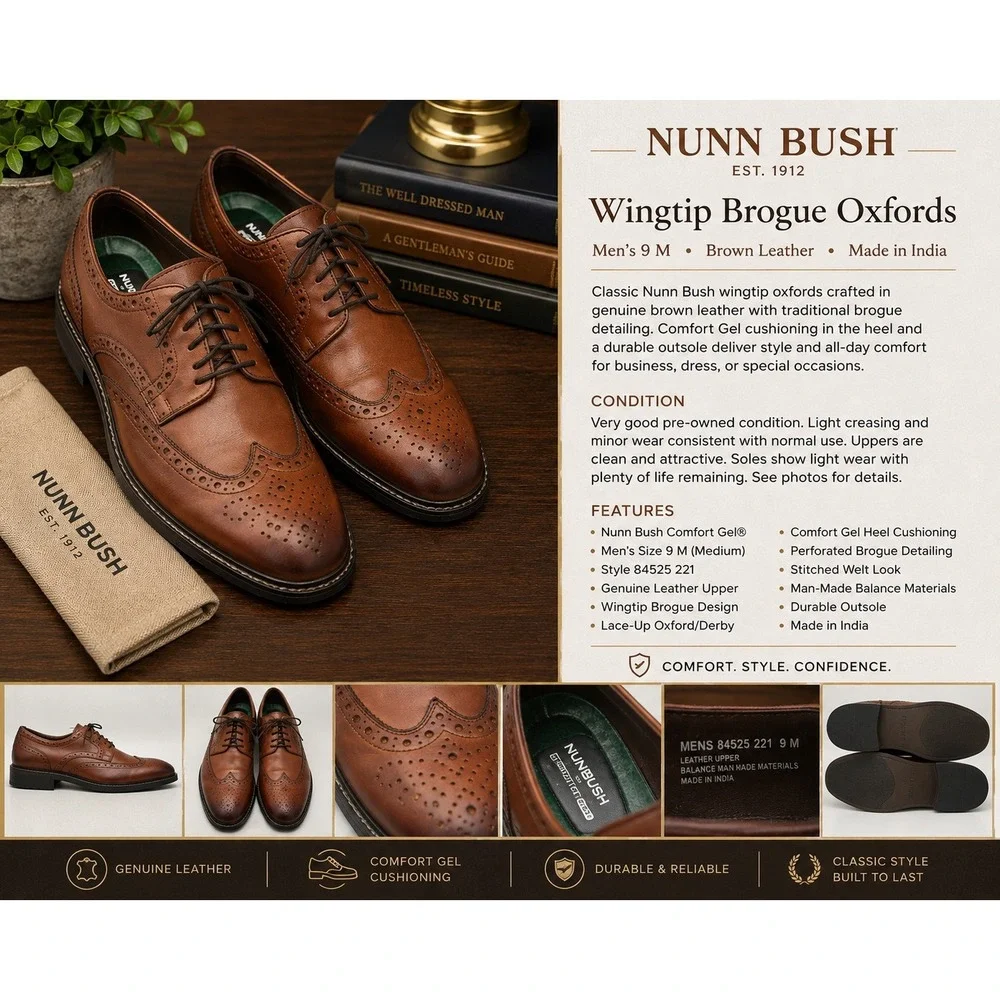 Nunn Bush Men's 9M Brown Leather Wingtip Brogue Comfort Gel Oxford Dress Shoes